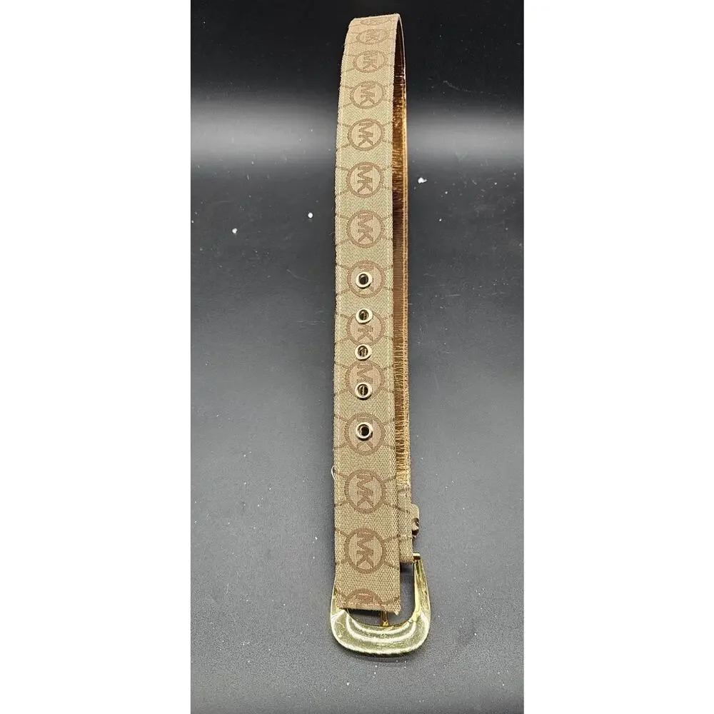Michael Kors Signature Monogram Logo Canvas Leather Belt Gold Buckle Size L